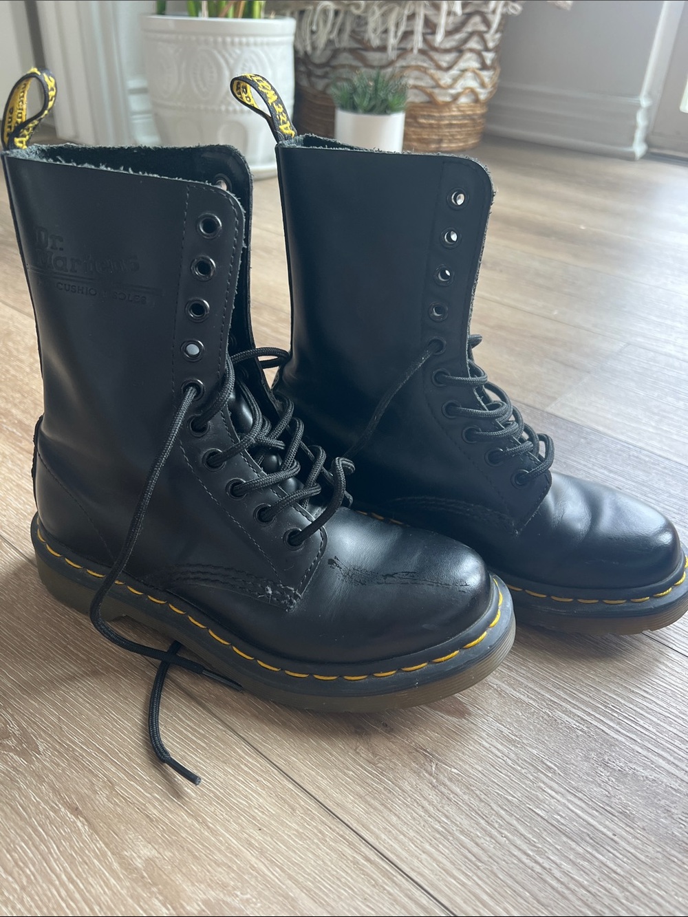 New Dr. Martens Black Leather 8-Eye Lace-Up Boots with Yellow Stitching
